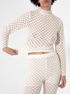 Mock Neck Checkered Mesh Top